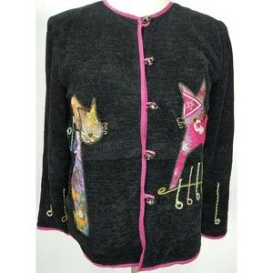 DK Daniel K women cat creations cardigan long sleeve black embroidered size M